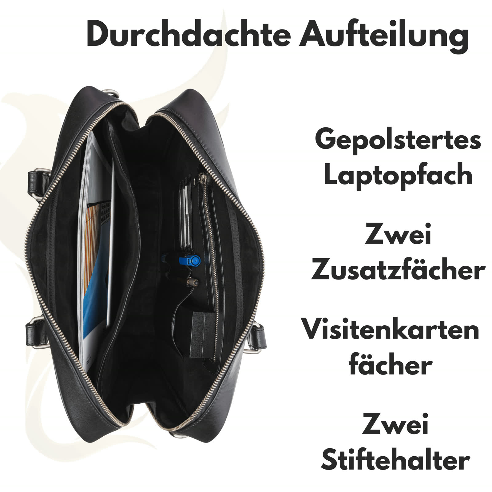 Hörner Hannover interior view with laptop compartment, card slots and pen loops