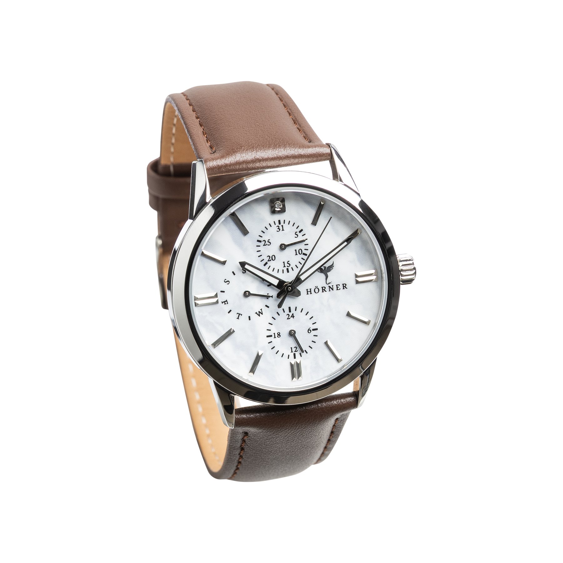 Hörner Nova wristwatch with a mother-of-pearl dial and brown leather strap