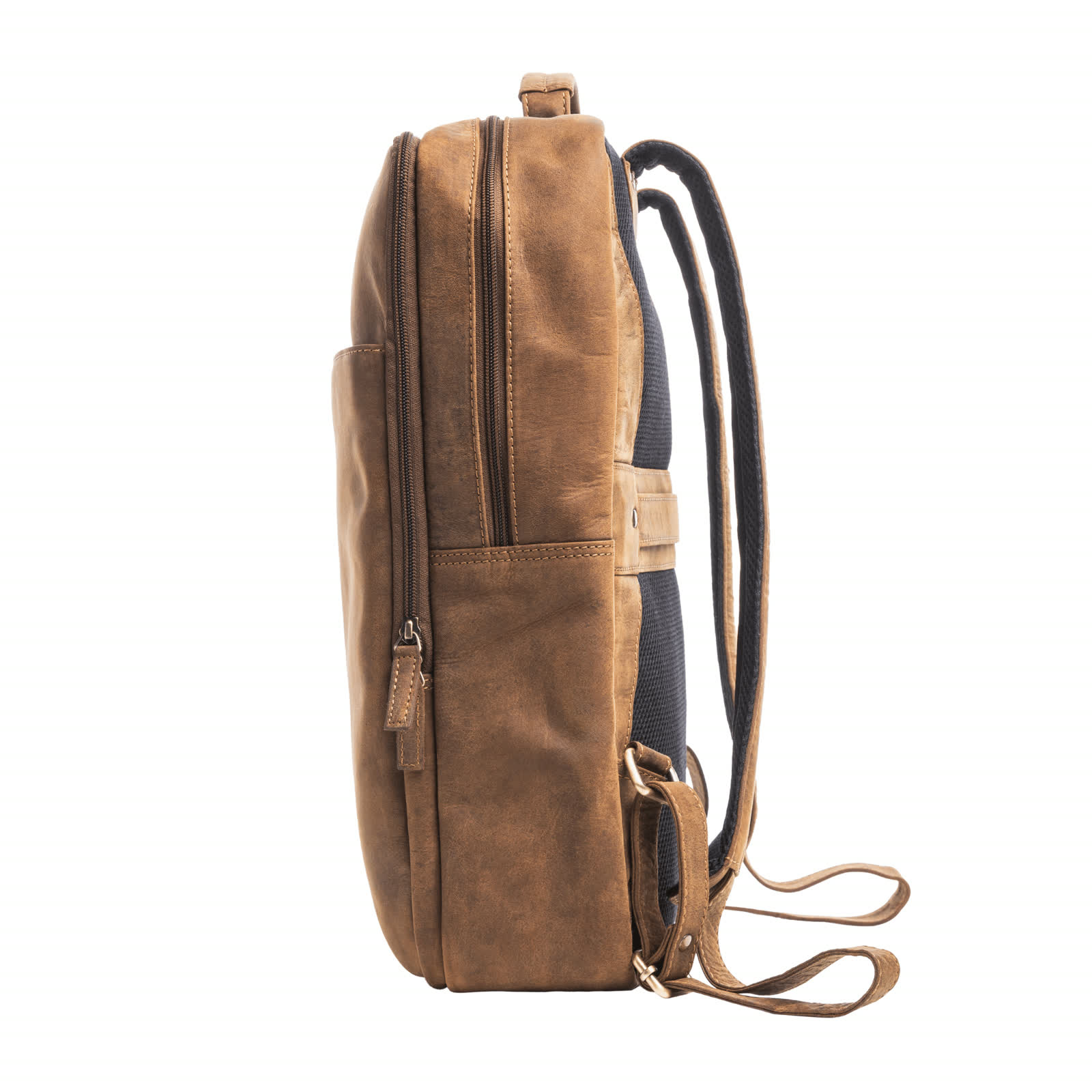 Hörner Saxum vintage leather travel backpack in cognac, side view