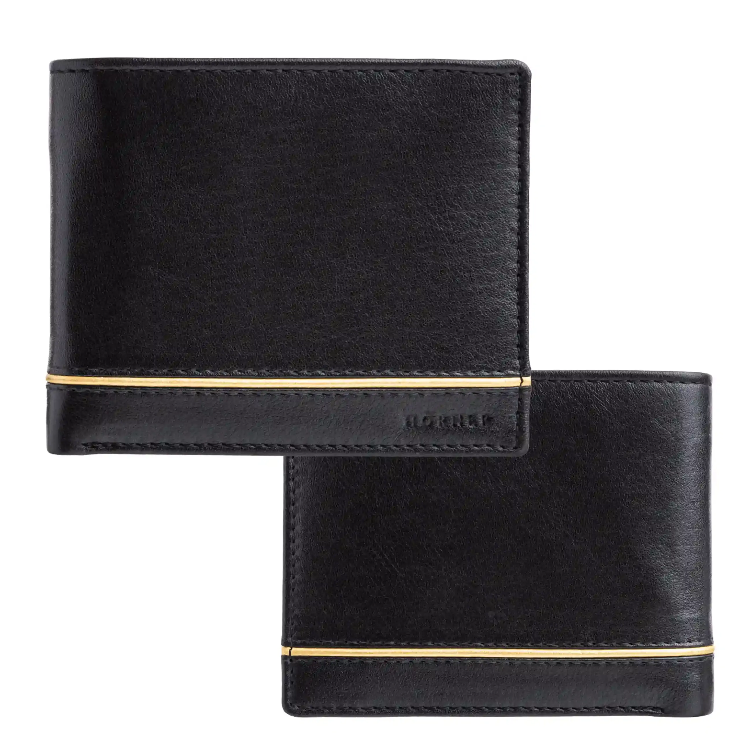 Hörner Lucens nappa leather bifold wallet, front and back, with gold trim