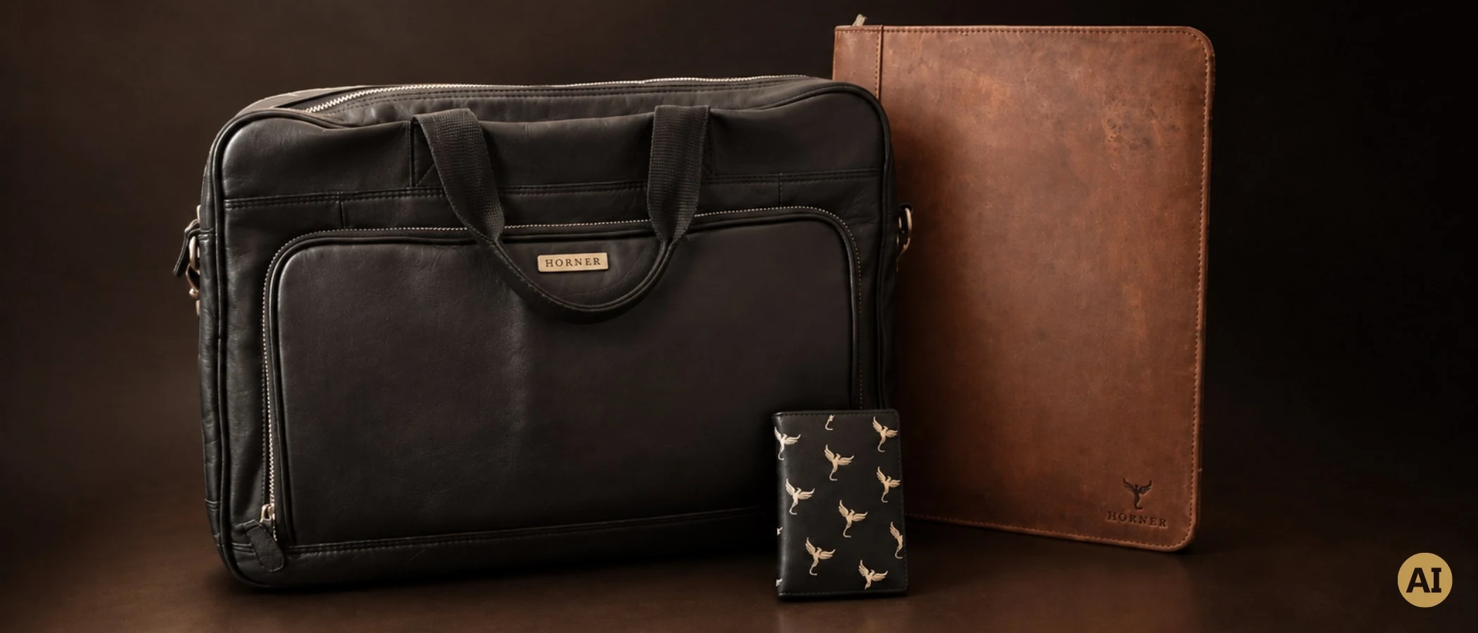 A black leather bag and card case standing beside a brown leather padfolio