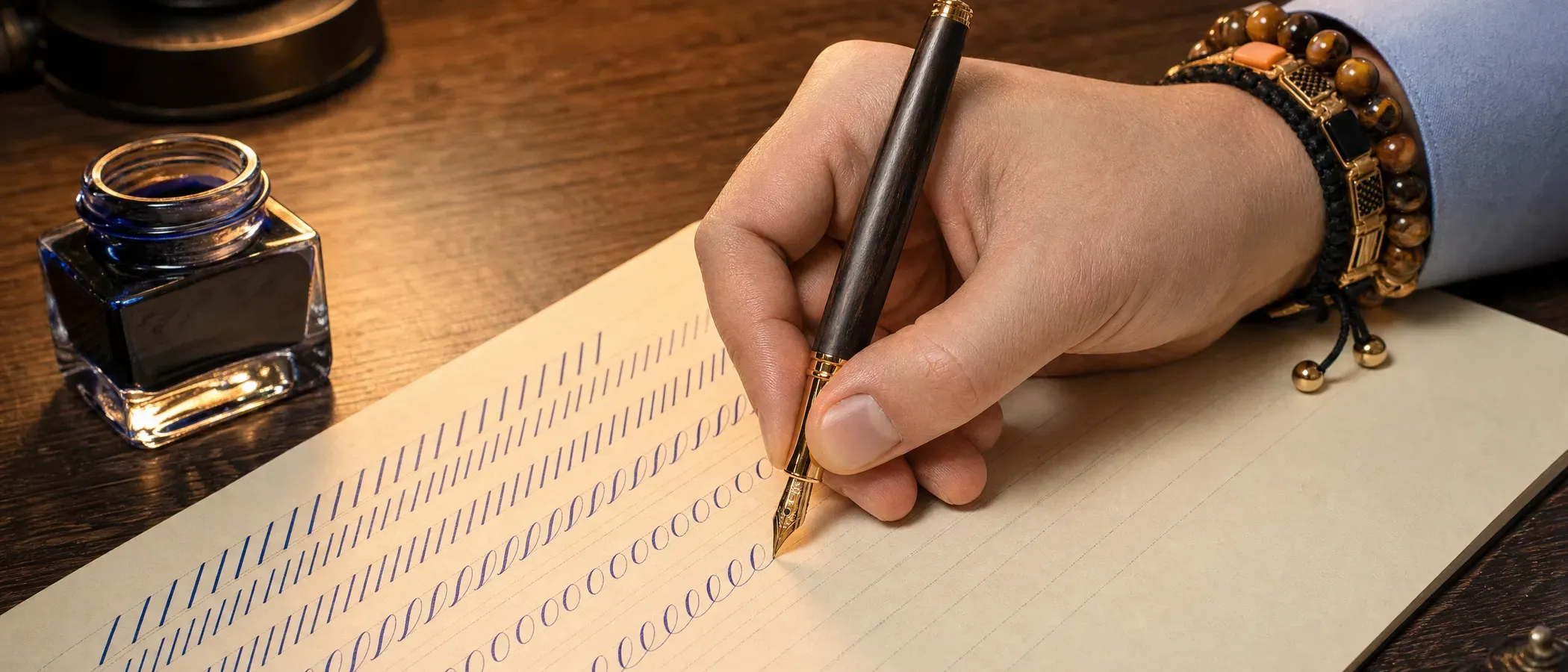 A hand practicing calligraphy strokes on ruled guide paper with a broad-nib pen