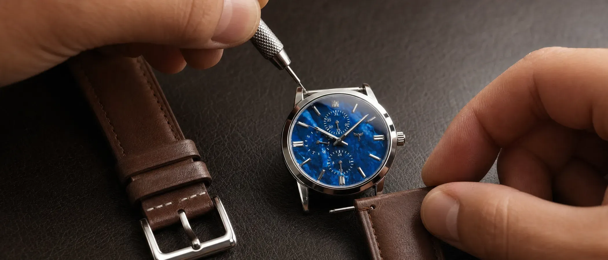 A watch strap being removed with a spring bar tool on a soft cloth