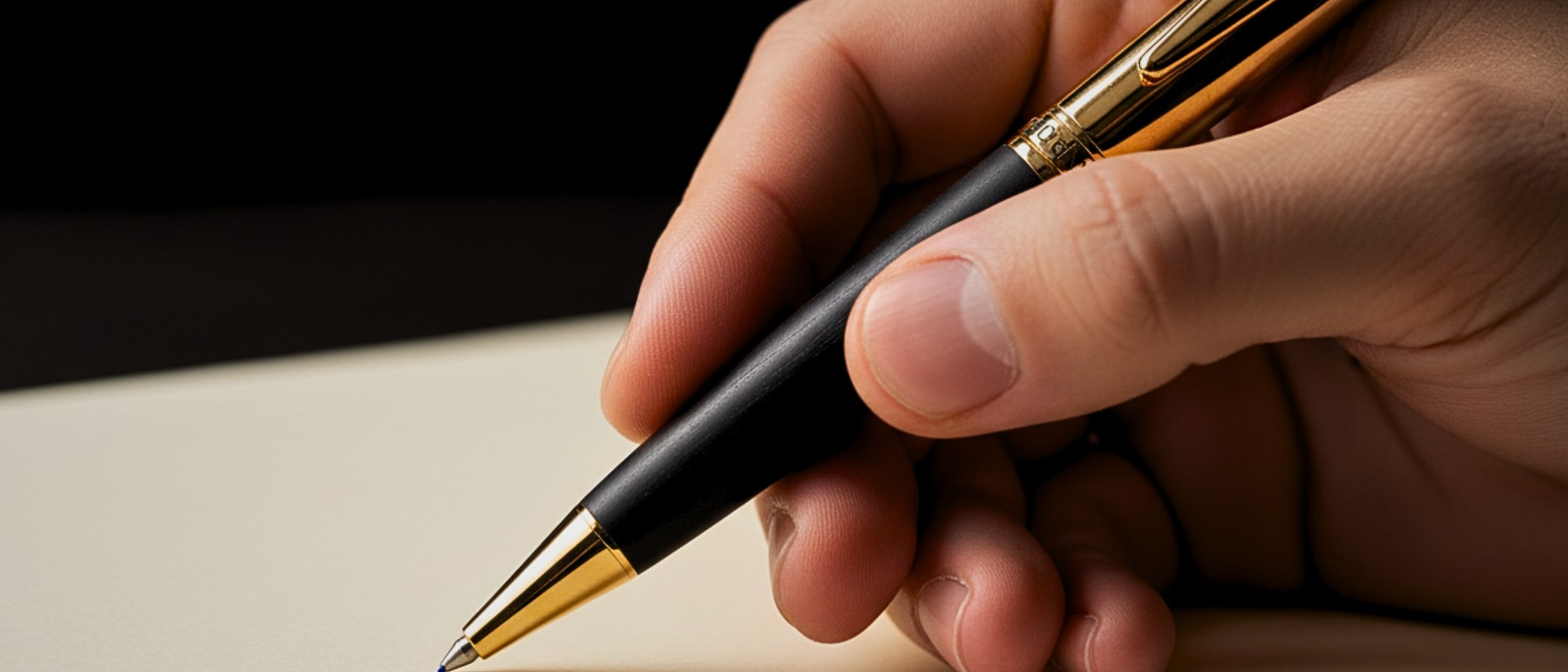 A hand writing with a black ebony and gold pen on cream paper