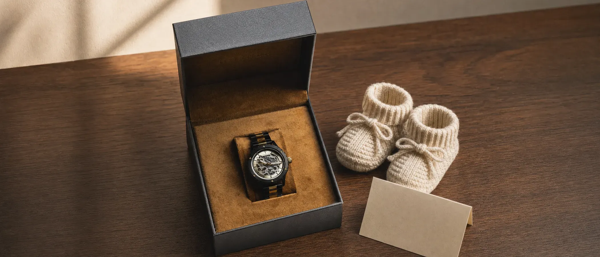 A skeletonized automatic watch movement, a symbol for a new stage of fatherhood