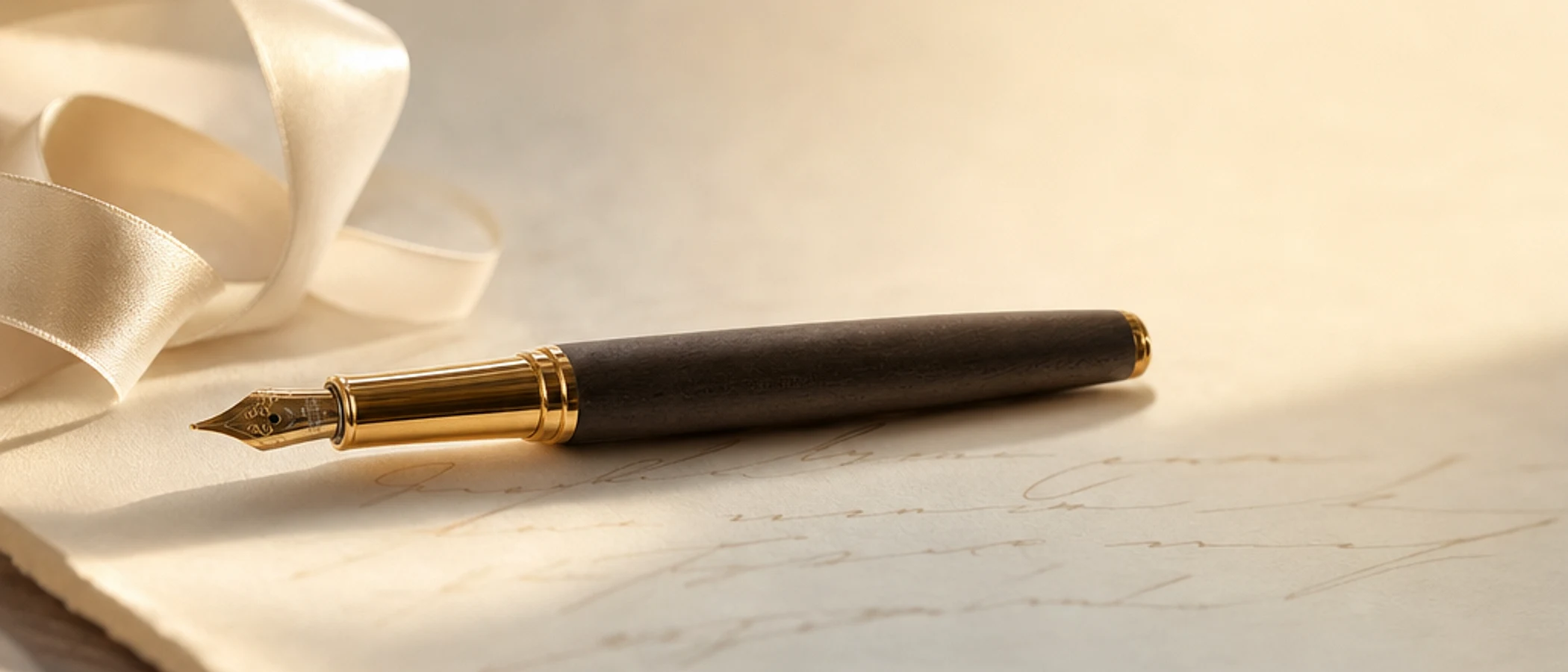 A Hörner wood and gold fountain pen resting on a handwritten letter beside a satin ribbon, in warm light