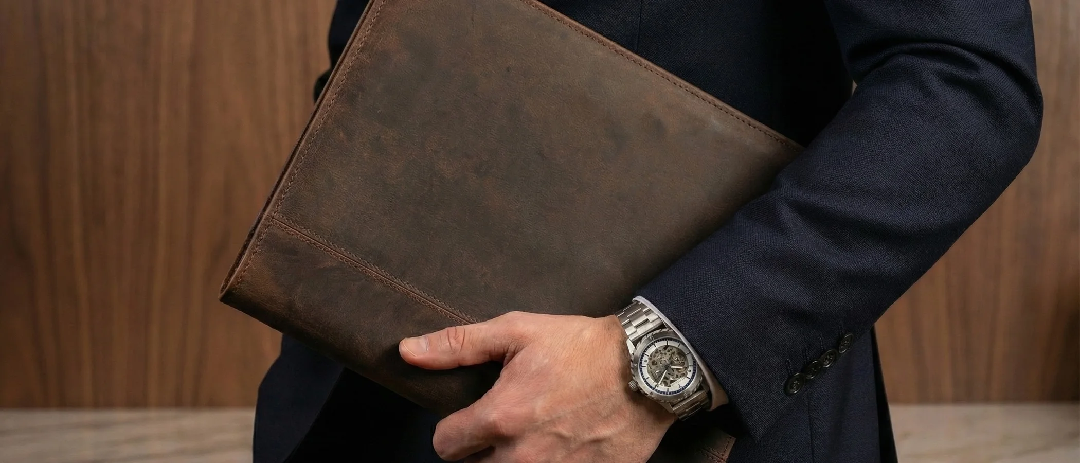 A man in a navy suit holding a cognac leather padfolio under his arm