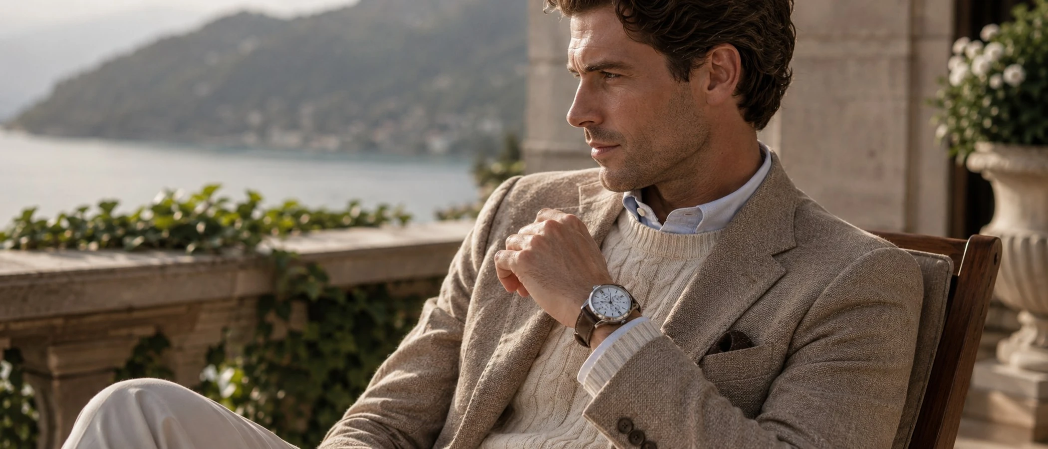A Hörner Nova Aurora on a brown leather strap, worn at the cuff of a linen jacket