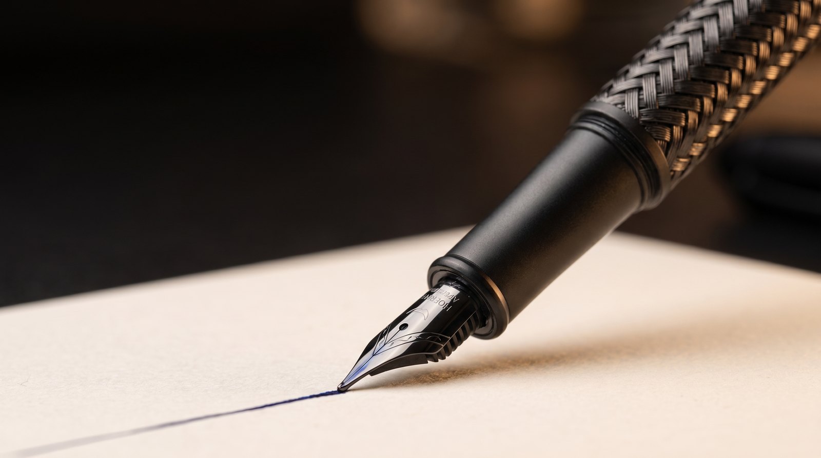 A dark fountain pen nib writing a blue ink line on cream paper
