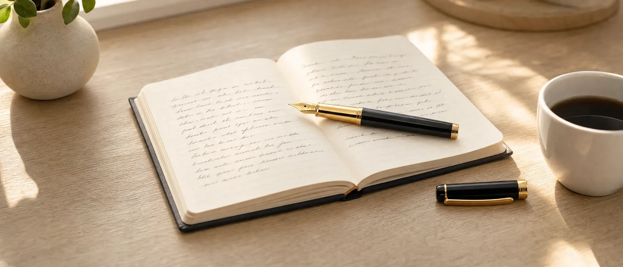 A hand writing with a fountain pen in an open, lined notebook