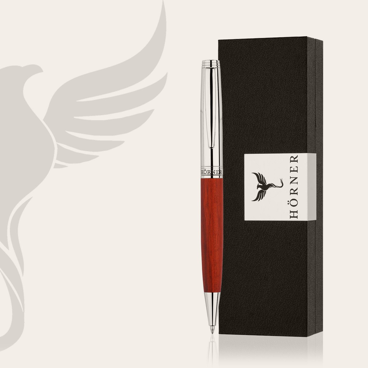 Hörner Legno ballpoint pen in reddish sandalwood with chrome trim and gift box