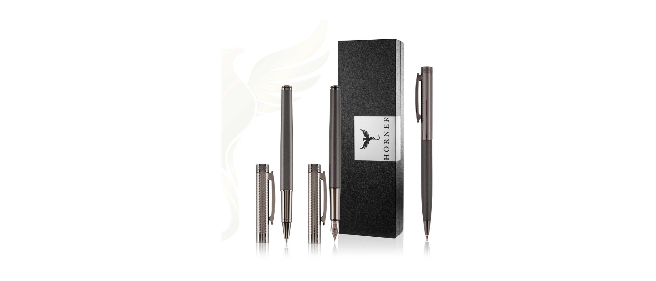A Hörner gunmetal writing set of three pens with its gift box