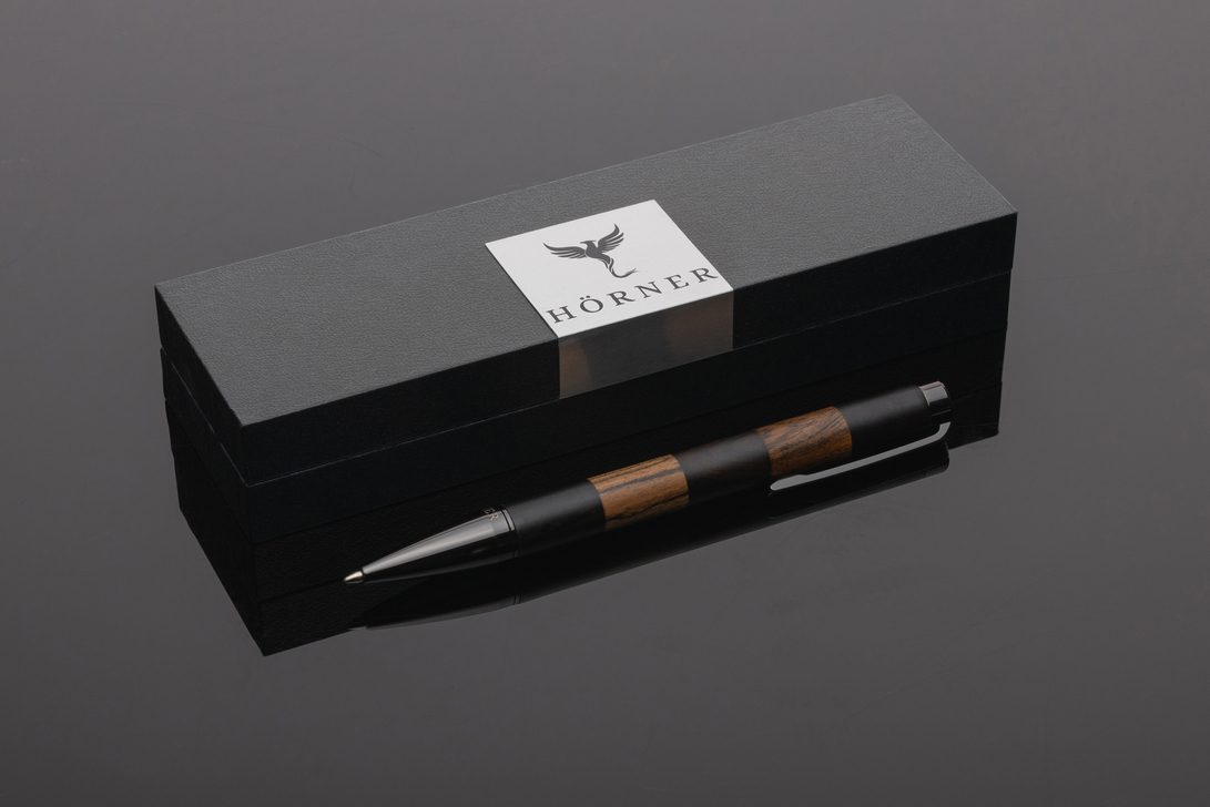 Hörner Materia metal ballpoint pen beside its gift box